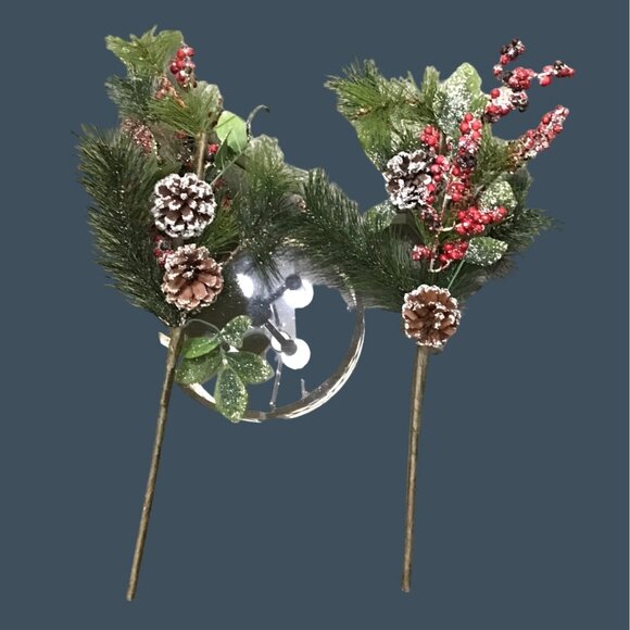 SET OF 2 -CHRISTMAS TREE FILLER 20" ARTIFICIAL STEM WICKER BALL, BERRY, PINE PIC - Picture 1 of 4